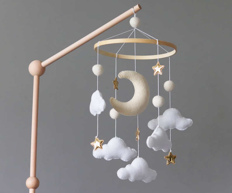 Dreamy Space Baby Crib Mobile with moon, cloud, and stars gender neutral baby shower gift minimalist magical astrology solar system image 1