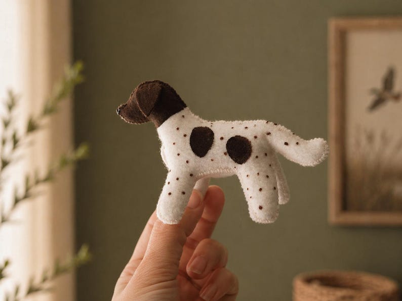 Op de afbeelding: Een handgemaakt hondenknuffel van vilt, wit met bruine vlekken en een bruine kop. Het speelgoed wordt door een hand omhoog gehouden, wat de kleine afmetingen en gedetailleerde afwerking benadrukt. Het is een charmant, zacht en knuffelbaar item.