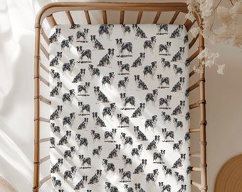 Boarder Collie Fitted Crib Sheet. Dog Nursery. Dog Lover Baby Shower Gift. Puppy Nursery Decor. New Baby Gift. Crib Sheet
