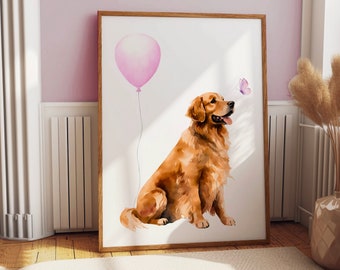 Red Retriever with Pink Balloon and Butterfly- Dog Nursery Wall Art- Baby Girl - Baby Shower - Gender Reveal