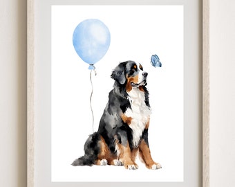 Baby Boy Bernese Mountain Dog Nursery Wall Art - Printed Matte Vertical Poster Blue Ballon & Butterfly