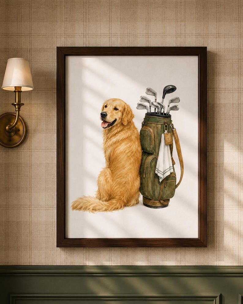 K&ouml;nnte beinhalten: Ein gerahmter Kunstdruck, der einen Golden Retriever zeigt, der neben einer gr&uuml;nen Golftasche voller verschiedener Golfschl&auml;ger aus Metall sitzt. Der Hund hat langes goldenes Fell und ein offenes Maul. Ein wei&szlig;es Handtuch h&auml;ngt an der Tasche.