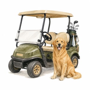 K&ouml;nnte beinhalten: Eine Aquarellillustration eines olivgr&uuml;nen Golfwagens mit beigem Dach und hellbraunen Sitzen. Ein Golden Retriever sitzt vor dem Golfwagen, der eine dunkelgr&uuml;ne Golftasche mit verschiedenen Schl&auml;gern und einem wei&szlig;en Handtuch an der Seite enth&auml;lt.