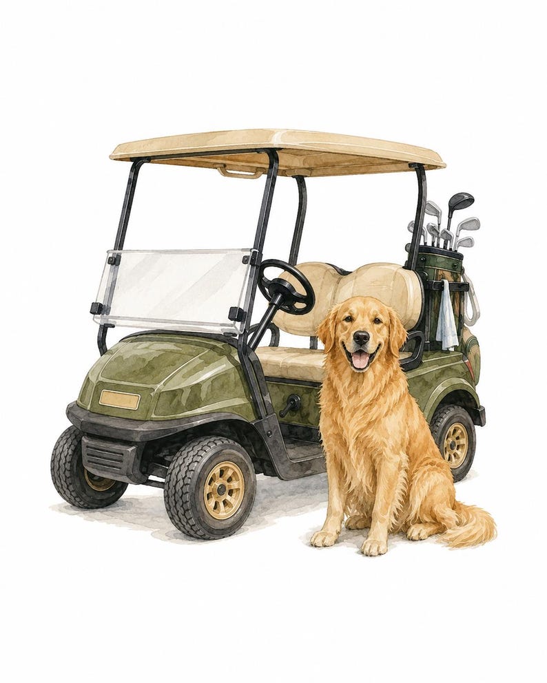 K&ouml;nnte beinhalten: Eine Aquarellillustration eines olivgr&uuml;nen Golfwagens mit beigem Dach und hellbraunen Sitzen. Ein Golden Retriever sitzt vor dem Golfwagen, der eine dunkelgr&uuml;ne Golftasche mit verschiedenen Schl&auml;gern und einem wei&szlig;en Handtuch an der Seite enth&auml;lt.