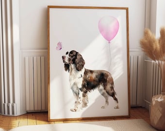 Pink Balloon and Butterfly with Springer Spaniel Dog Nursery Wall Art Printed Nursery wall art