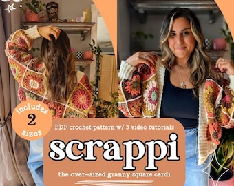 Scrappi Cardi Crochet Pattern | Granny Square Cardigan Crochet Pattern | Video Tutorials Included| Scrap Yarn Pattern | PDF Download Only