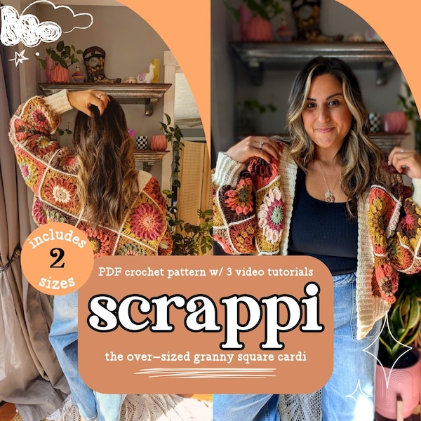 Scrappi Cardi Crochet Pattern | Granny Square Cardigan Crochet Pattern | Video Tutorials Included| Scrap Yarn Pattern | PDF Download Only