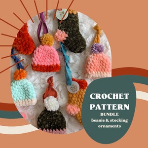 May include: Crochet pattern bundle for beanie and stocking ornaments. The image shows a variety of colorful crocheted ornaments, including a pink beanie with a red brim, a green stocking, and a yellow stocking.