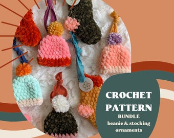 Mini Retro Stocking & Beanie Ornament Bundle | Crochet Pattern | Crochet Christmas Pattern | Crochet Christmas Tag