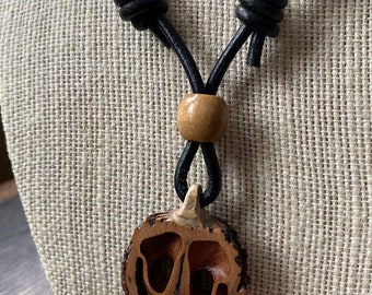 Adjustable slip knot leather necklace with black walnut shell pendant, double sided