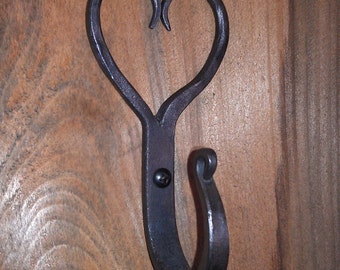 Hand Forged Wrought Iron Heart Hook, Hammered Finish Hanger
