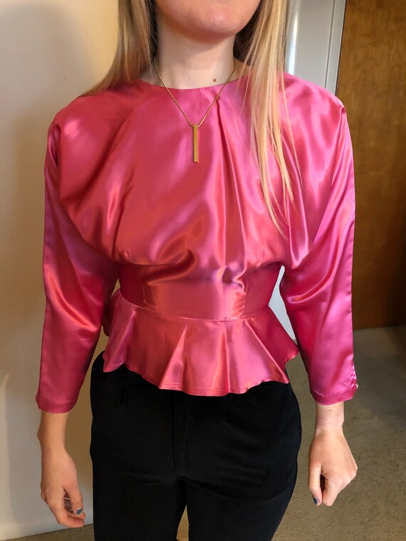 Vintage 80’s does 40’s peplum satin blouse with c… - image 6