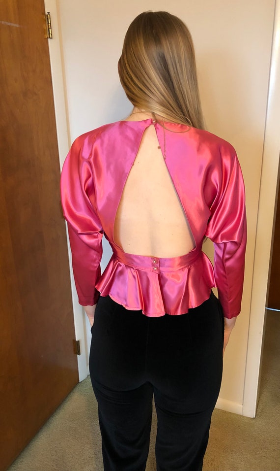 Vintage 80’s does 40’s peplum satin blouse with c… - image 2