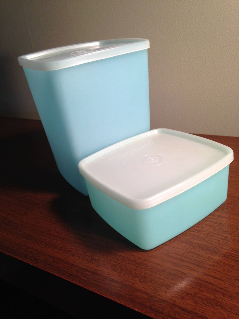 Set Of 2 Pastel Blue Square Tupperware Stacking Storage Containers