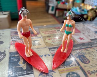 Vintage plastic surfer girl and boy cake topper repurposed ornaments