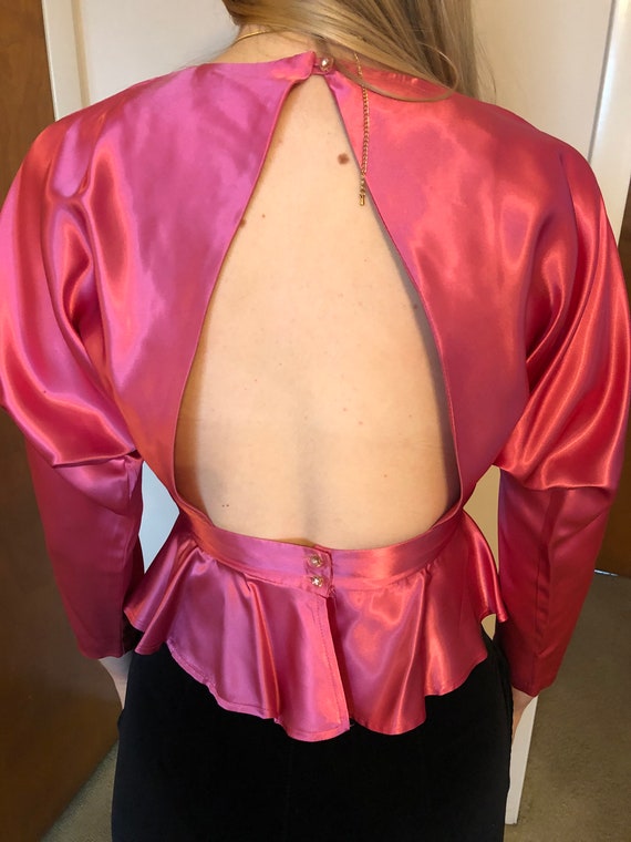 Vintage 80’s does 40’s peplum satin blouse with c… - image 3