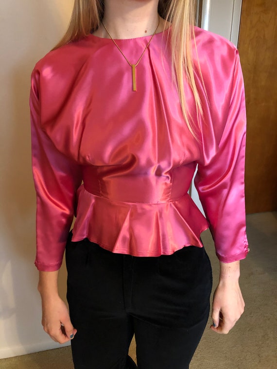 Vintage 80’s does 40’s peplum satin blouse with c… - image 1