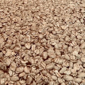 May include: Close-up of a granola bar with oats and puffed rice, a light brown color.