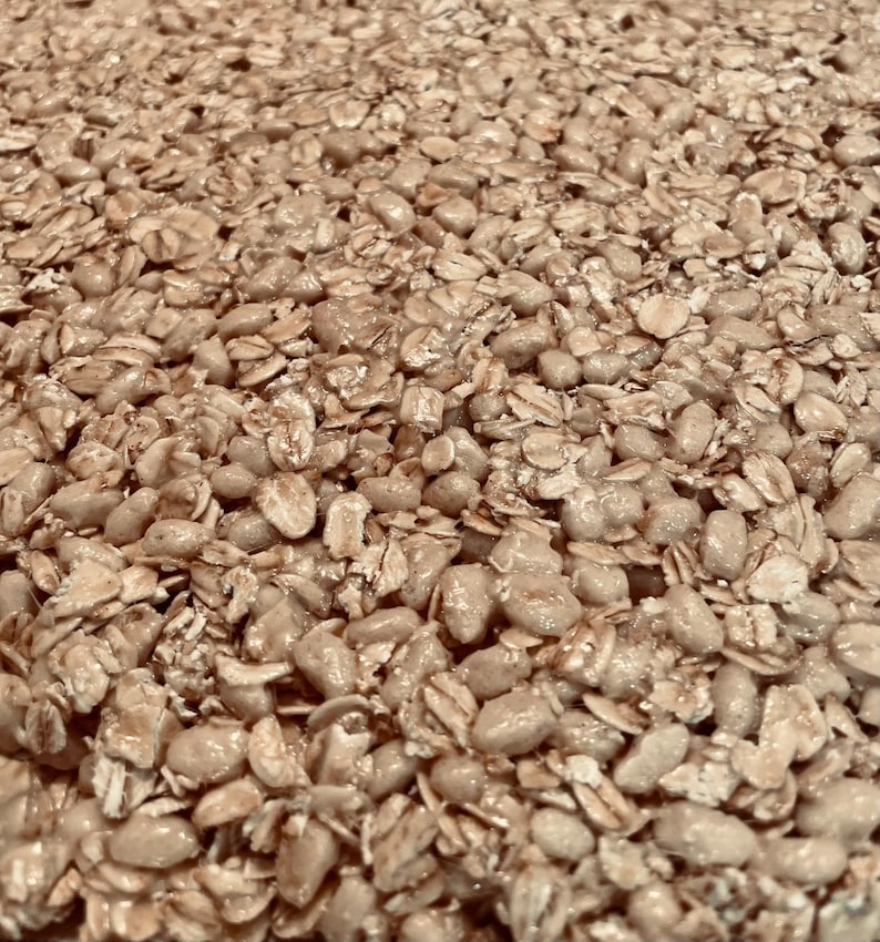 May include: Close-up of a granola bar with oats and puffed rice, a light brown color.