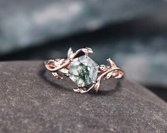 Natural Moss Agate Engagement Proposal Ring Hexagon Cut Agate Bridal Ring Branch Leaf Twing Nature Inspired Ring Wedding Anniversary Ring