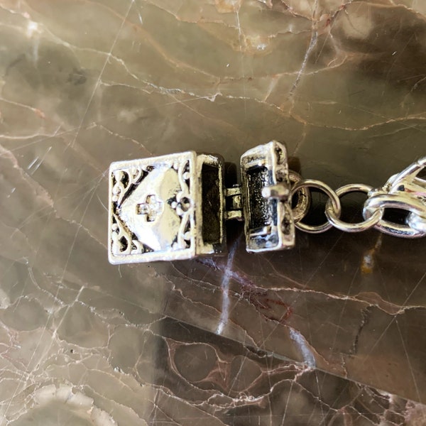 Silver STASH Box Container Charm Opens Bracelet Vintage Looks like Brighton? Heart Cross NEVER WORN Only Stored #307