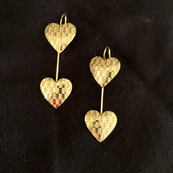 Long Double Heart Detailed Earrings Unusual Design Made in France Comfy Pierced Vintage Gold #391