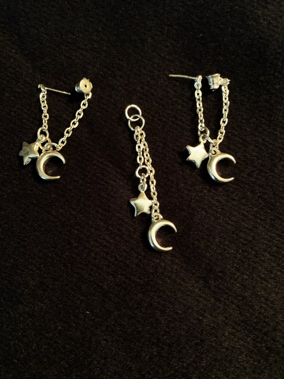 Moon and Star Silver Earrings and Matching Pendan… - image 2