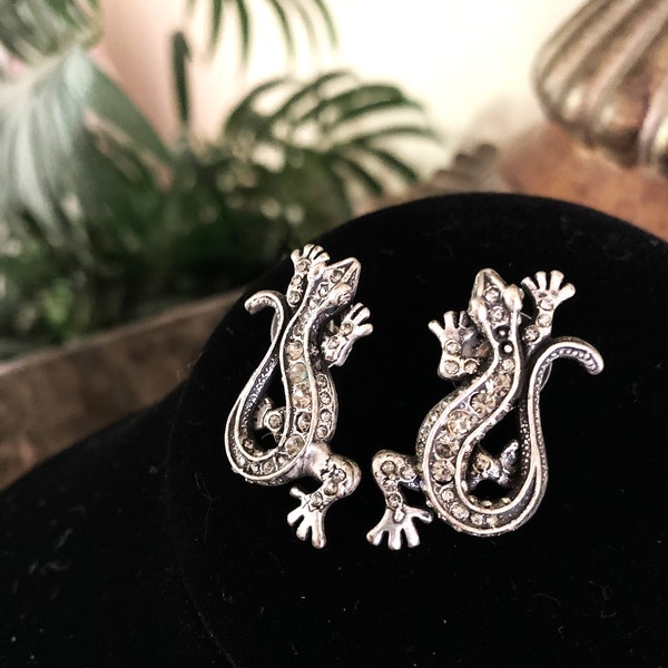 Vintage Lizard Earrings Large Dark Silver with Crystals Detailed Iguana Gecko Dragon Fun #413