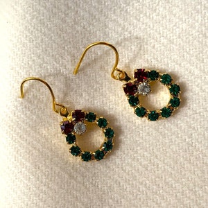 Gold Christmas Wreath Pierced Earrings Emerald Ruby Sparkly Crystals Vintage NEVER WORN New Condition Dainty 377 image 1