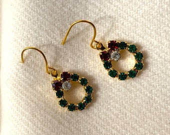 Gold Christmas Wreath Pierced Earrings Emerald Ruby Sparkly Crystals Vintage NEVER WORN New Condition Dainty #377