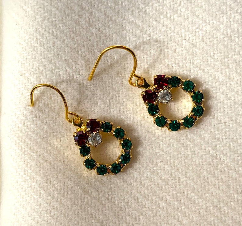 Gold Christmas Wreath Pierced Earrings Emerald Ruby Sparkly Crystals Vintage NEVER WORN New Condition Dainty 377 image 1