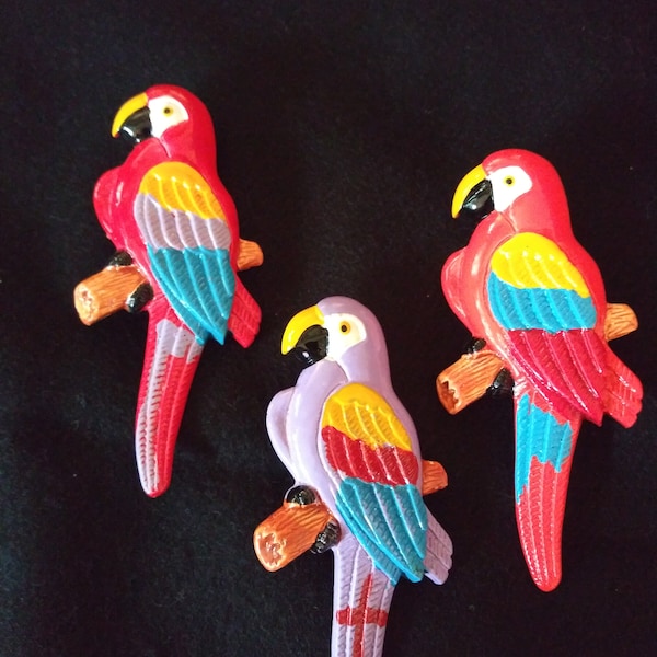 PARROT Pins Set of 3 Wood or Resin Handpainted Over 3" Birds Amazon Tropical Jungle Wild McCaws #p08