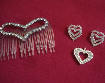 Rhinestone Crystal Heart Jewelry NEVER WORN Valentine 3 pc Set Lot Vintage Earrings Pendant Hair Comb #62