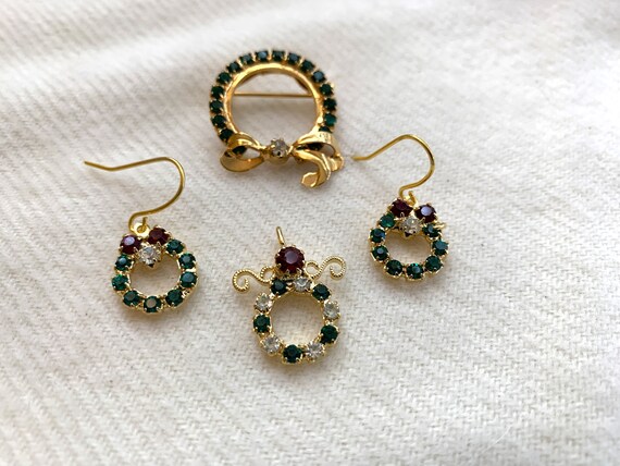 Crystal Snowman Wreath Earrings Matching Pin Emer… - image 4