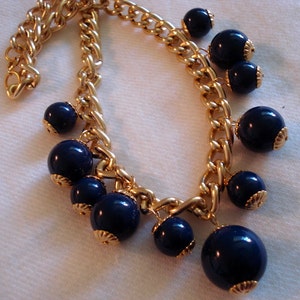 Gold Chain Bead 1980s TRUE Vintage Necklace Navy Blue Gold Top Quality Vintage NEVER WORN Nautical Chunky #47