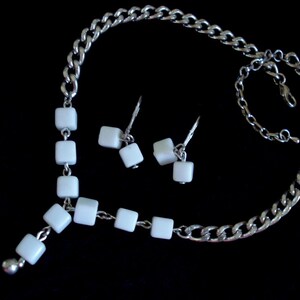 ICE CUBE 16&quot; Chain ADJUSTABLE Necklace Silver Matching Pierced Earrings Vintage Set  Never Worn #162