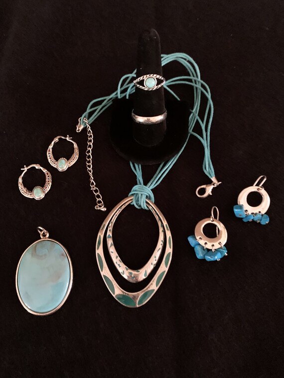 未使用　DECOUVERTE ON JEWELRY Turquoise Silver 7pc Lot NEVER WORN Necklaces Rings Earrings