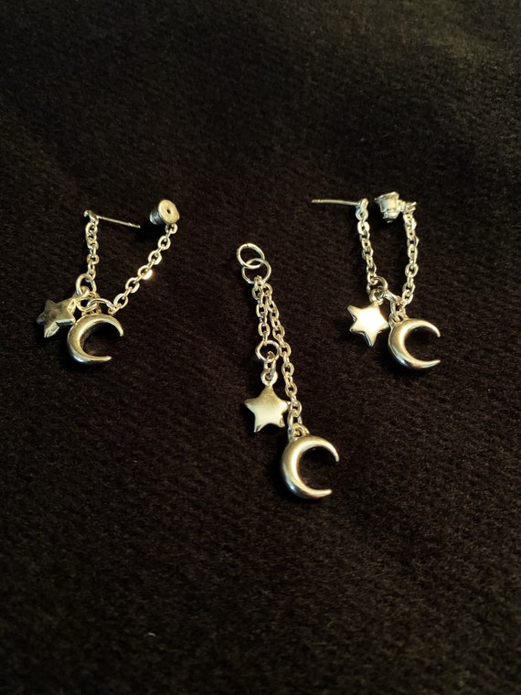 Moon and Star Silver Earrings and Matching Pendan… - image 1