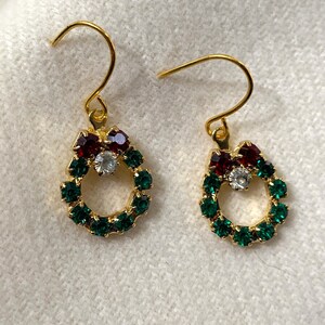 Gold Christmas Wreath Pierced Earrings Emerald Ruby Sparkly Crystals Vintage NEVER WORN New Condition Dainty 377 image 2