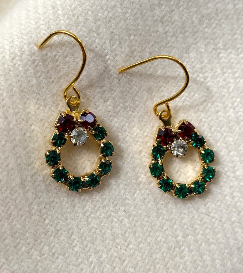 Gold Christmas Wreath Pierced Earrings Emerald Ruby Sparkly Crystals Vintage NEVER WORN New Condition Dainty 377 image 2