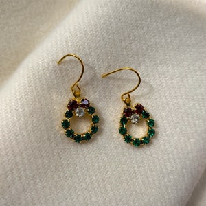 Gold Christmas Wreath Pierced Earrings Emerald Ruby Sparkly Crystals Vintage NEVER WORN New Condition Dainty 377 image 3