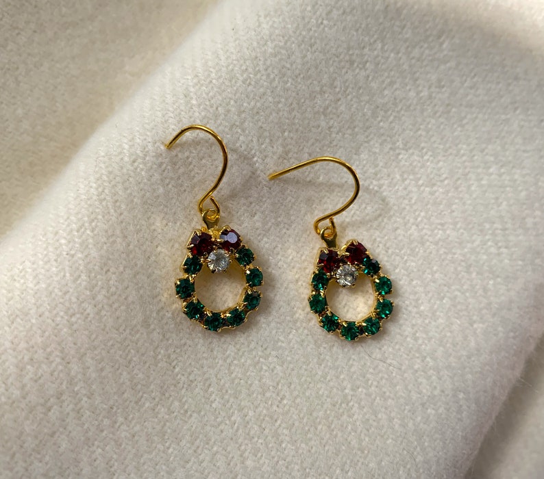 Gold Christmas Wreath Pierced Earrings Emerald Ruby Sparkly Crystals Vintage NEVER WORN New Condition Dainty 377 image 3