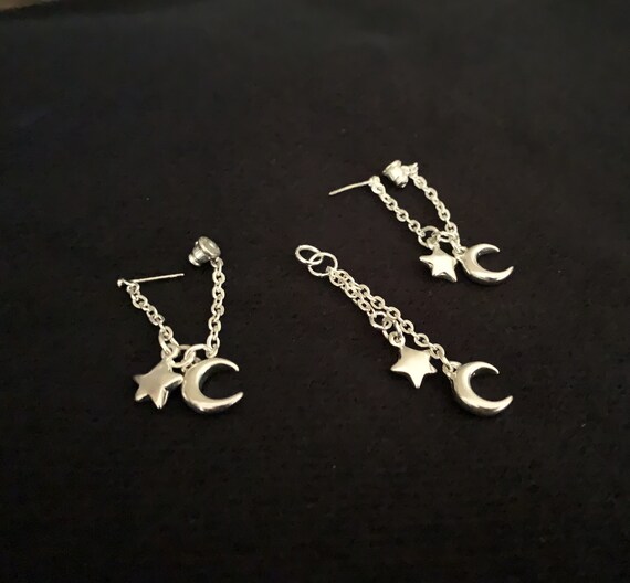 Moon and Star Silver Earrings and Matching Pendan… - image 3
