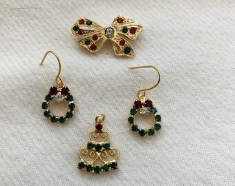 Broche navideño + pendientes de corona a juego con colgante NUNCA USADOS, calidad superior, vintage, 3 piezas, n.º xm277