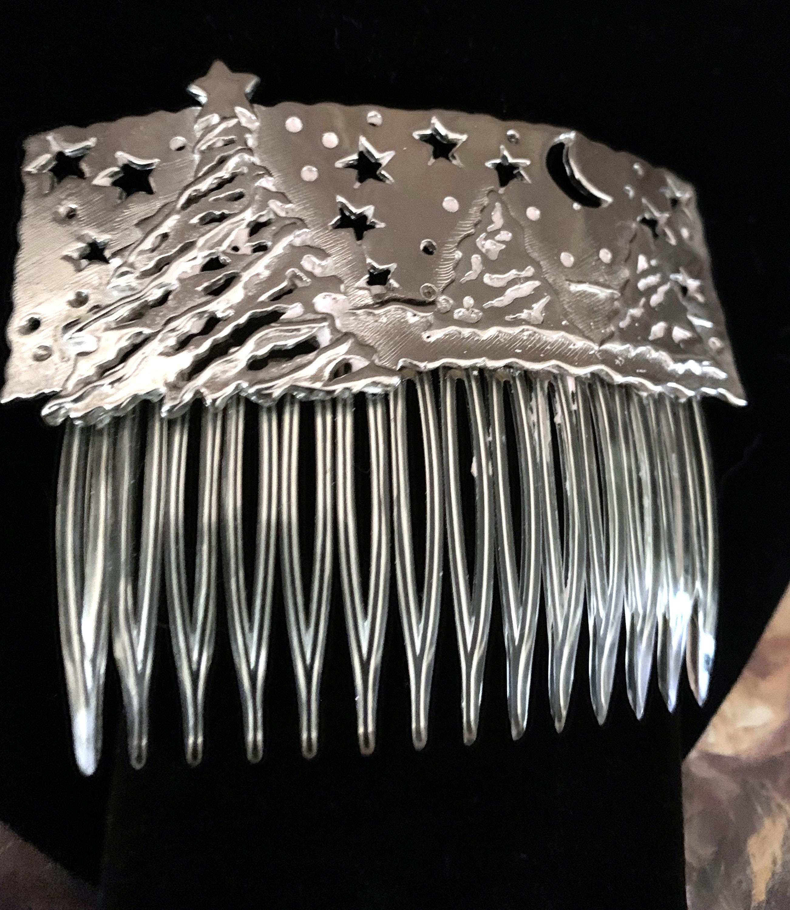 Vintage Silver Christmas Hair Comb Large Detailed Eyecatching #569