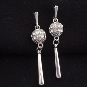 Silver Crystal Ball and Sticks Vintage Dangle Pierced Earrings NEVER WORN #119