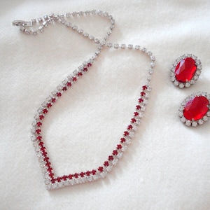 Ruby Red Rhinestone Crystal NEVER WORN Vintage 17&quot; Necklace & Pierced Earring Set Lot Pretty Woman #61