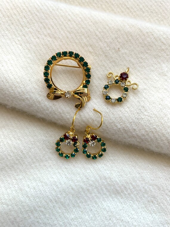 Crystal Snowman Wreath Earrings Matching Pin Emer… - image 6