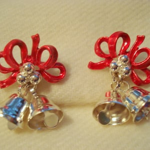 CHRISTMAS Earrings Silver Red Bows and Bells Pierced Never Worn Vintage #379