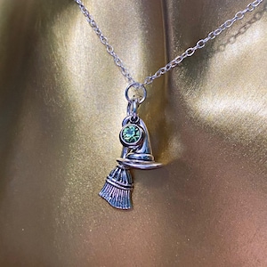 Wicked Witch Necklace - Elphaba - Wicked - Witch hat charm - Broomstick charm - green rhinestone - silver plated - necklace